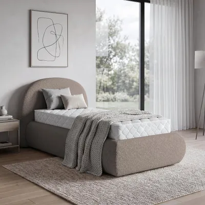 Produktbild von BEAUTYSOFA | Polsterbett MOTTI 90x200 cm - Einzelbett mit Bettkasten & Matratze MEDIRO FORM H2 und gepolstertem Kopfteil - Bouclé Cappuccino