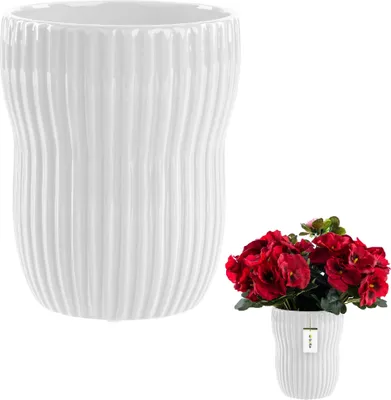 Produktbild von Blumentopf, Blumenübertopf Gehäuse aus Keramik Rund Weiß Ø13 cm H 16cm, Rillen Glanz Oberfläche Modern Glamour, stilvolle Dekoration, räumliche Pflanzenabdeckung