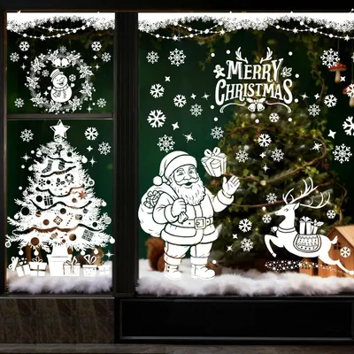 Produktbild von Große Weihnacht-Fensteraufkleber – 90 x 30 cm – 6 Bögen mit weihnachtlichen Schneeflocken und Weihnachtsmännern (doppelseitig)