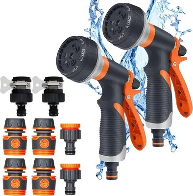 Image de Pistolet de pulvérisation haute pression pour le jardin et la station de lavage automobile - 2 pièces - réglable sur 8 niveaux - avec 2 raccords rapides en ABS + 4 raccords standard rouge-orange + 2 raccords universels à embout