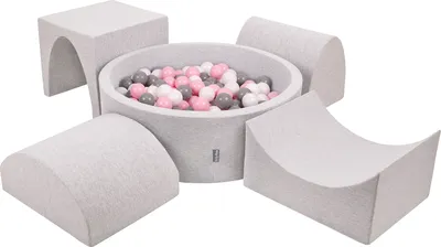 Produktbild von KiddyMoon spielplatz aus schaumstoff mit rund bällebad (300 bälle) ballgruben für babys spielbad hindernisläufen, hergestellt in der eu, hellgrau:weiß/grau/puderrosa