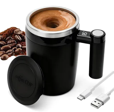 Selbstrührender Becher 400 ml, Edelstahl, Temperaturanzeige, USB-C
