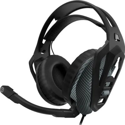 A black gaming headset with a microphone is shown against a white background.