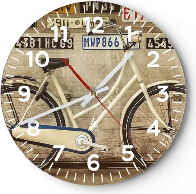 Produktbild von Wanduhr - Rund - Glasuhr - Fahrrad Mauer Straße - 30x30cm - Schleichendes Uhrwerk - Lautlos - zum Aufhängen bereit - Dekoration Modern - Wanddekoration aus Glas - C4AR30x30-3764