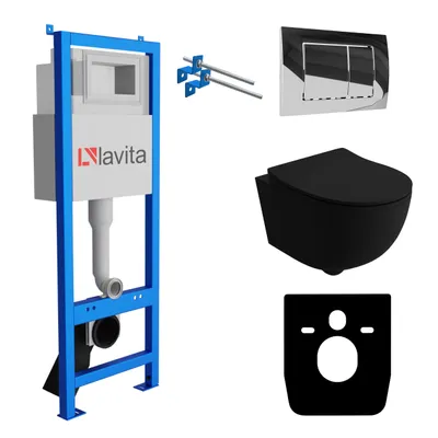 Produktbild von Lavita LAV 101 Vorwandelement für WC 40cm + Wand Hänge Tiefspül WC BRAVA Schwarz Spülrandlos + Bedienplatte LAV 200.1.2 Verchromt | Komplettset | Unterputz Spülkasten | Toilette Komplett Sett