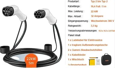 Zdjęcie produktu dla Kabel do ładowania samochodów elektrycznych, kompatybilny z typem 2, wysoka wydajność, 22KW 32A-5M