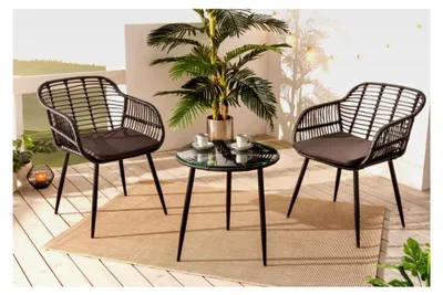 Produktbild von Outdoor Bistro Balkon-Set Paris schwarz Polyrattan Sitzgruppe mit Tisch und Kissen