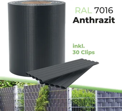 Produktbild von PVC Sichtschutzstreifen für Doppelstabmatten Blickdicht | Doppelstabmattenzaun Sichtschutz | 30 Befestigungsclips | 35m x 19 cm | Zaunfolie Windschutz | Anthrazit RAL7016