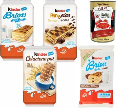 Produktbild von Kinder Ferrero Start pack - Brioss, paneciok, latte e cacao, colazione piu', Kuchen mit Milch und Kakao 4 Stück Kekse Riegel + Italian Gourmet polpa 400g