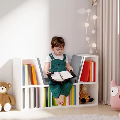 Produktbild von Sweiko Bücherregal mit Sitzhocker Sitzbank Sitzbänke & -truhen mit 6 Stauräumen für Aufbewahrung Sitzbar mit Kissen Spanplatte Schaumstoff Leinen Weiß+Grau 102 × 30 × 61 cm
