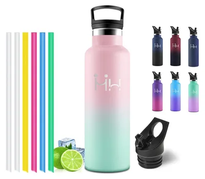 Produktbild von Edelstahl Trinkflasche 500 ml mit Strohhalm, isoliert, Wasserflasche