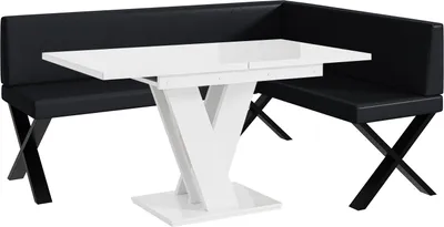 Produktbild von MEBLINI Eckbank für Esszimmer mit ausziehbarem Tisch  - Küchenbank - Essecke - Sitzecke Küche - ERIC - X-Beine 128x168x87cm Rechts - Schwarz Kunstleder/M Weiß Hochgl.