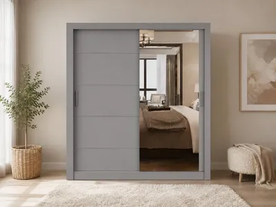 Produktbild von Kleiderschrank OLYO 203 cm Grau mit Spiegel, Schwebetürenschrank, Schlafzimmerschrank mit Regalböden und Kleiderstangen