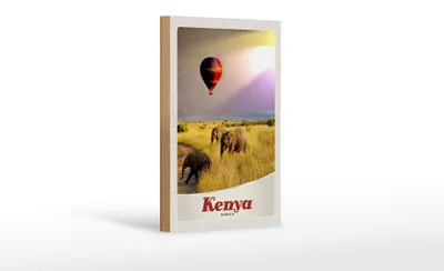Produktbild von Holzschild Reise 12x18 cm Kenia Afrika Elefanten Heißluftballon