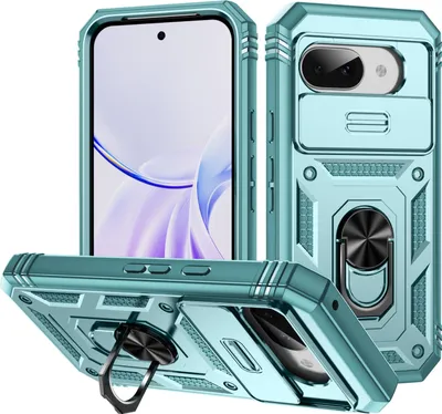 Obrázek produktu pro Pouzdro pro Google Pixel 9A posuvná ochrana kamery, robustní nárazuvzdorné, s držákem prstenu, stojánkem a držákem na karty zelené