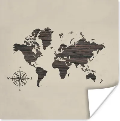 Produktbild von MuchoWow® Poster Weltkarte - Holz - Kompass 75x75 cm - Wand Dekoration