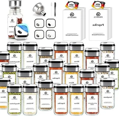 Produktbild von Kräuterpfeffernockerl mit Etiketten - Rechteckige Päckchen - 60 Aufkleber - Metallspatel - Kräuterminimühle mit Drehbarer Abdeckung - Kräuternetz.