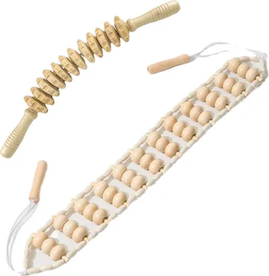 Produktbild von Holztherapie-Massagewerkzeuge – 2 Stück Lymphdrainage-Roller aus Holz und Rückenmassagegerät, Seil-Maderoterapia-Set zur Körperformung und -modellierung