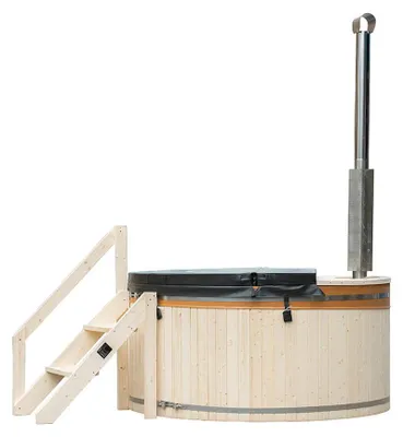 Produktbild von HOME DELUXE - Hot Tub SKANDI - Größe L, ⌀ 210 cm, Außenhöhe 100 cm, Nordische Fichte, inkl. Abdeckung, Treppe und Ofen I Badefass Badetonne Whirlpool