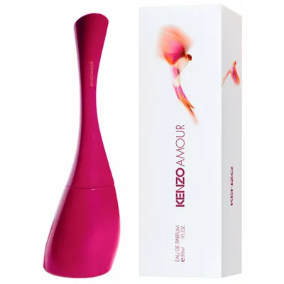 A pink perfume bottle and its packaging are displayed against a white background.