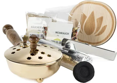 Produktbild von Räucherpfanne Set 6 teilig - Räuchergefäß zum Räuchern von Weihrauch, Harzen, inkl. Weihrauch, Räucherkohle, Räuchersand, Räucherzange