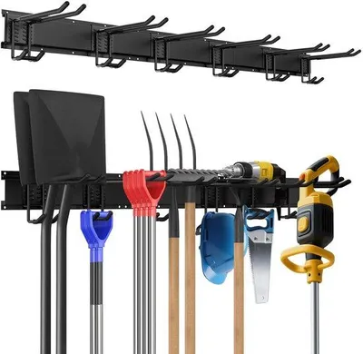 Productafbeelding van Unyqoos® Wandopbergsysteem voor gereedschap, 120 cm, 6 verstelbare dubbele haken, gepoedercoat koolstofstaal, rubberen haken, draagvermogen 250 kg