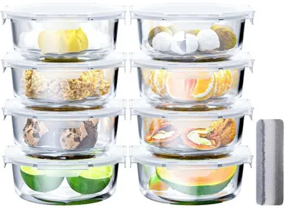 Obrázek produktu pro Sada Azomor obsahující 8 kulatých skleněných nádob s víkem pro uchovávání potravin