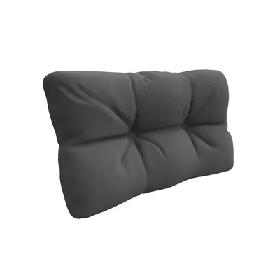 A dark gray tufted cushion is shown against a white background.