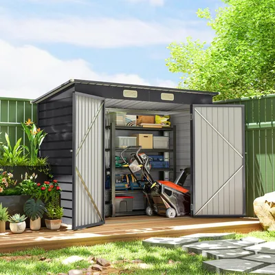 Image de Abri de jardin en acier à double porte horizontale, abri à outils en acier galvanisé, abri de jardin gris | 249 x 121 x 183 cm | 2 fentes d'aération | 39 kg