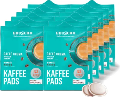Produktbild von Eduscho Kaffeepads Vorratspack Maxi Packung, Caffè Crema, 384 Pads – 12 x 32 Pads, würzig, intensiv, für alle Pad Maschinen, industriell kompostierbar