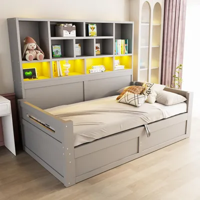 Produktbild von okwish Holz-Schlafsofa 90×200 mit hydraulischem Stauraum und LED, Kinderbett mit Steckdosen und Stauraum, Einzelbett in Grau,ohne Matratze