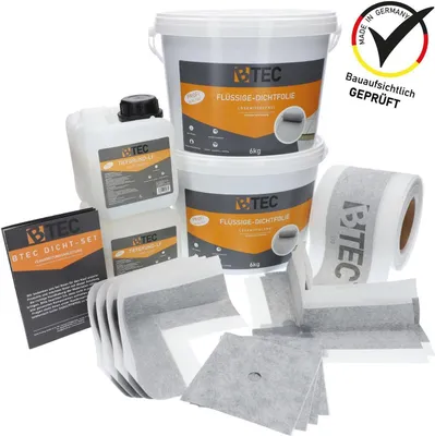 Produktbild von BTEC Dicht-Set "Standard BAD" zur Abdichtung 12 kg flüssige Dichtfolie 2 L Tiefgrund 20 m Dichtband 4 Innenecken 2 Außenecken 4 Dichtmanschetten