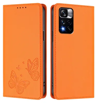 Obrázek produktu pro Kožené pouzdro pro Xiaomi Redmi Note 11 Pro+ 5G, motýlí ražbou, peněženkové flip pouzdro se stojánkem Oranžová
