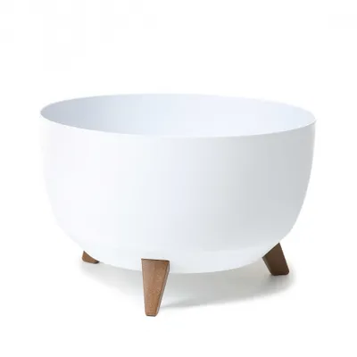 A white bowl-shaped planter with three wooden legs, shown against a white background.