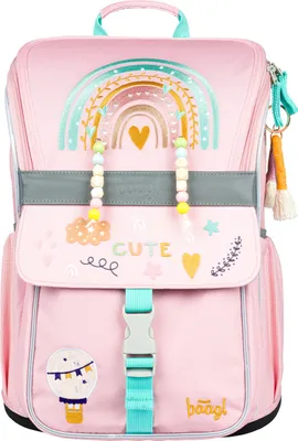 A pink backpack with rainbow and cute decorations.
