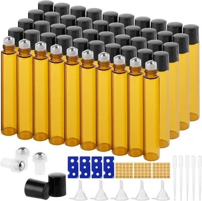 Immagine prodotto di Flaconi roll-on in vetro da 10 ml, colore marrone - 50 pezzi - oli essenziali, sfere roll-on in acciaio grezzo