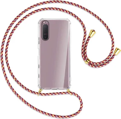 Produktbild von Handykette Backcover-Schutzhülle mit Band (Metall goldfarben) für Sony Xperia 5 II - weinrot/gelb/grau