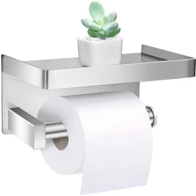 Image de Porte-rouleaux de papier toilette Unyqoos® en acier inoxydable de haute qualité avec étagère, couleur argent – résistant aux rayures, aux traces de doigts et à la corrosion, fixation murale (perçage ou collage)