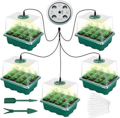 Productafbeelding van Famanu 5-delige set van 60 cellen zaaitrays met plantlampen - Mini-kweekkas voor binnen