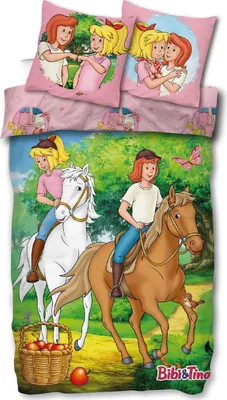 Produktbild von SkyBrands Bibi und Tina Bettwäsche 135x200 cm für Mädchen – 2-teiliges Set aus 100% Baumwolle inkl. Kissenbezug 80x80 cm – Pferdebettwäsche mit gratis Stoffbeutel – Wendemotiv
