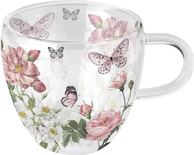 Immagine prodotto di Tazza 10 cm in vetro a doppia parete 0,2 L con motivo rose e farfalla