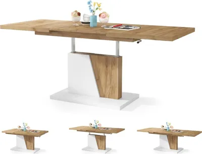 A dining table with a white and wood base and a wood top, shown in its extended state. The table is decorated with a vase of flowers and two bowls of ice cream.