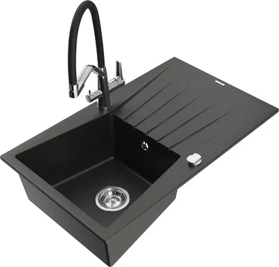 Produktbild von Mexen Cesar 1 Becken-Granitspüle mit Abtropffläche und Mischbatterie Duo, Schwarz/Gold metallisch - 6514-75-671701-07