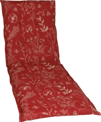 A red chaise lounge cushion with a white floral pattern, shown from a diagonal angle against a white background.