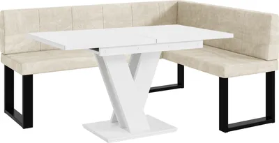 Produktbild von MEBLINI Eckbank für Esszimmer mit ausziehbarem Tisch  - Küchenbank - Essecke - Sitzecke Küche - PETER - U-Beine 128x168x87cm Rechts - Creme Samt/M Weiß Matt