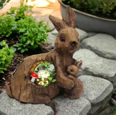 Produktbild von Solar Gartenfigur Hase mit Glaskugel Hasenfamilie Tierfigur Gartendekoration Solarlampe Solarleuchte