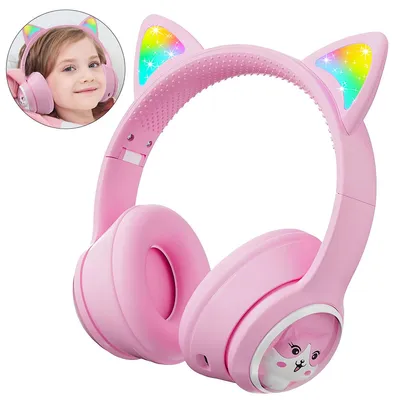 A close-up of pink cat-ear headphones with LED lights, and a small inset image of a child wearing similar headphones.