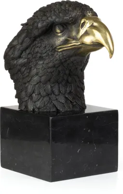 Image de Sculpture en bronze Tête d'aigle frontale en bronze sur socle en marbre avec feutre H 27 cm Buste animalier plastique comme objet d'art expressif pour l'espace de vie