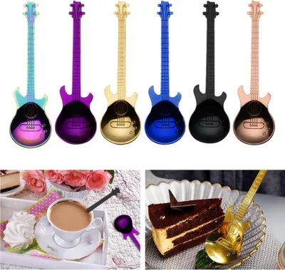 Produktbild von 7 Stück Dessertlöffel set Edelstahl Kaffeelöffel bunter Teelöffel Gitarrenform Rührlöffel für Dessert, kaffee, Getränke