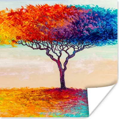 Produktbild von MuchoWow® Poster Gemälde - Ölfarbe - Baum - Regenbogen 100x100 cm - Babyzimmer